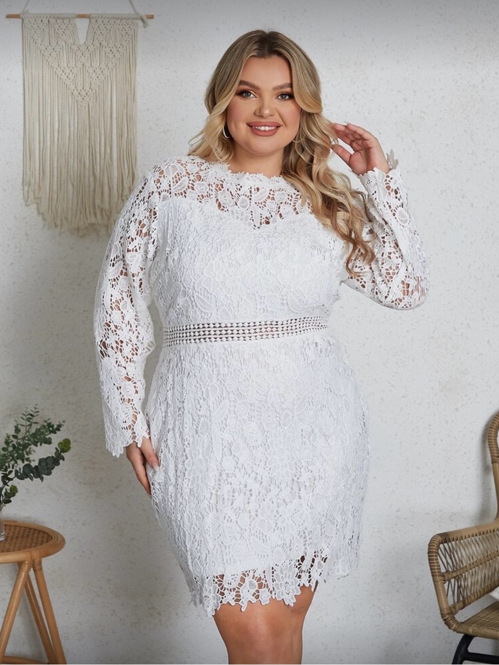 Classic White Lace Long-Sleeve Dress - Elegant Women's Dress
